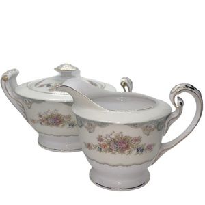 VINTAGE SUGAR BOWL AND CREAMER FAIRMONT JYOTO CHINA FLORAL DESIGN GOLD TRIM